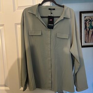 Lafayette 148 New York Light Green Button-Up Shirt